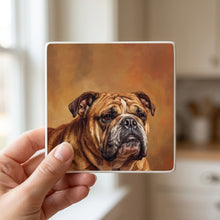 English Bulldog Portrait ceramic coasters set of 4, in hand