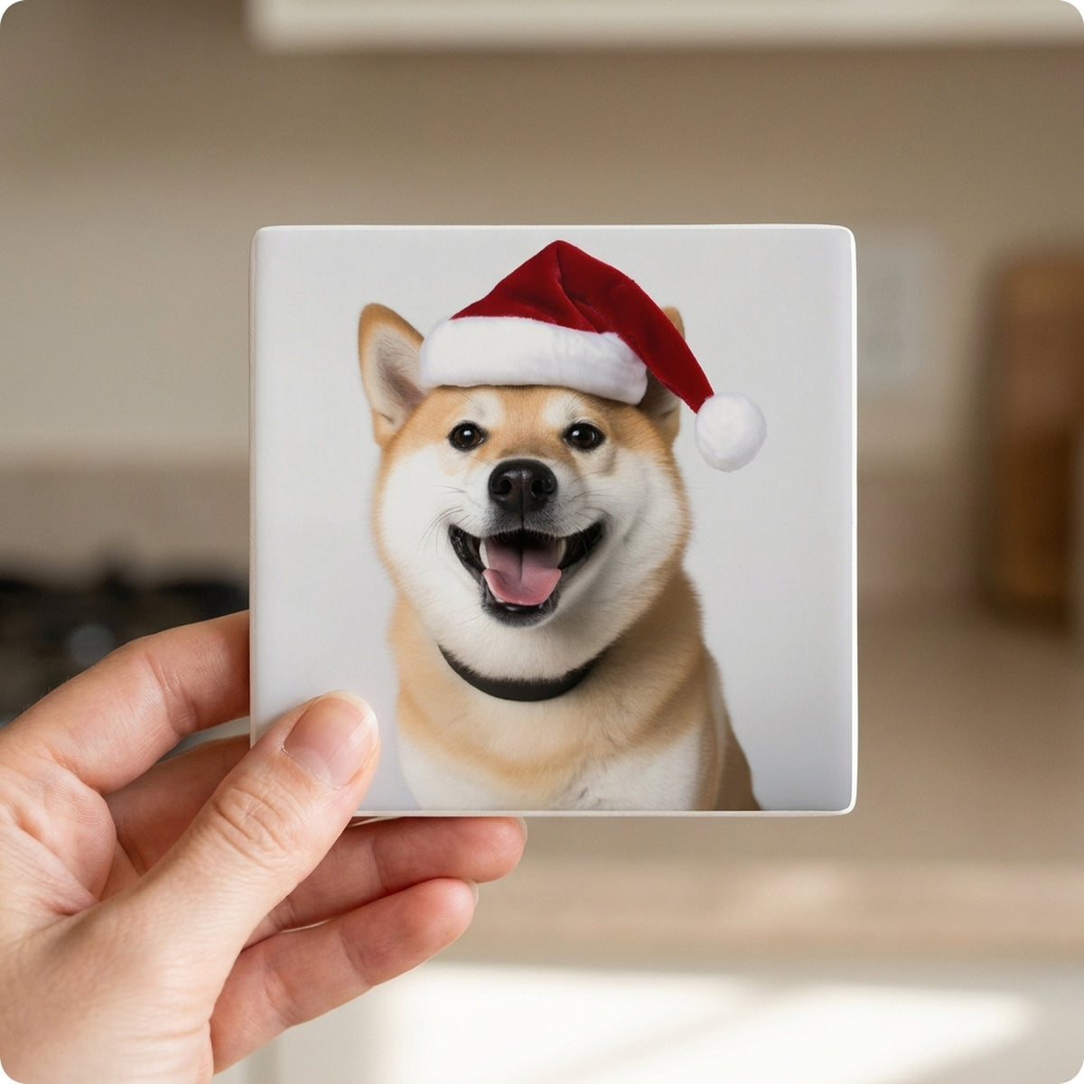 Shiba Inu ceramic coasters set of 4, in hand