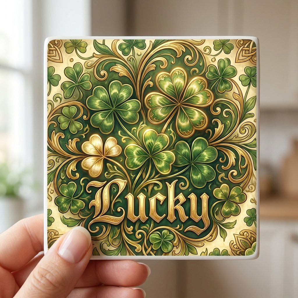 Shamrock St Patricks ceramic coasters set of 4, in hand