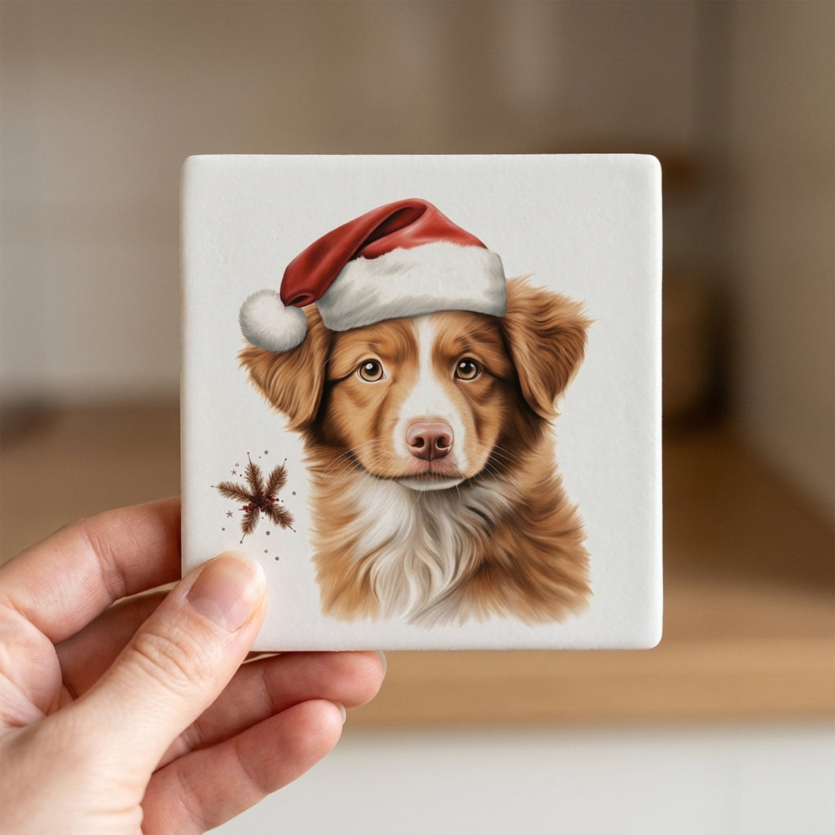 Nova Scotia Duck Tolling Retriever Puppy Drawing ceramic coasters set of 4, in hand