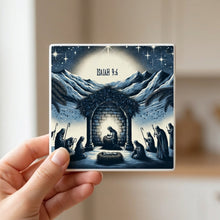 Midnight Blue Nativity ceramic coasters set of 4, in hand