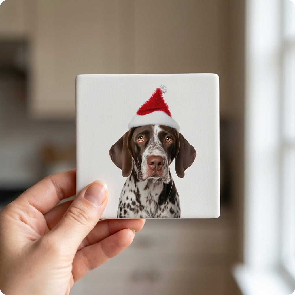 Pointer ceramic coasters set of 4, in hand