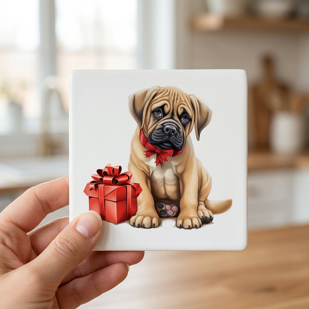 Boerboel Puppy Drawing ceramic coasters set of 4, in hand