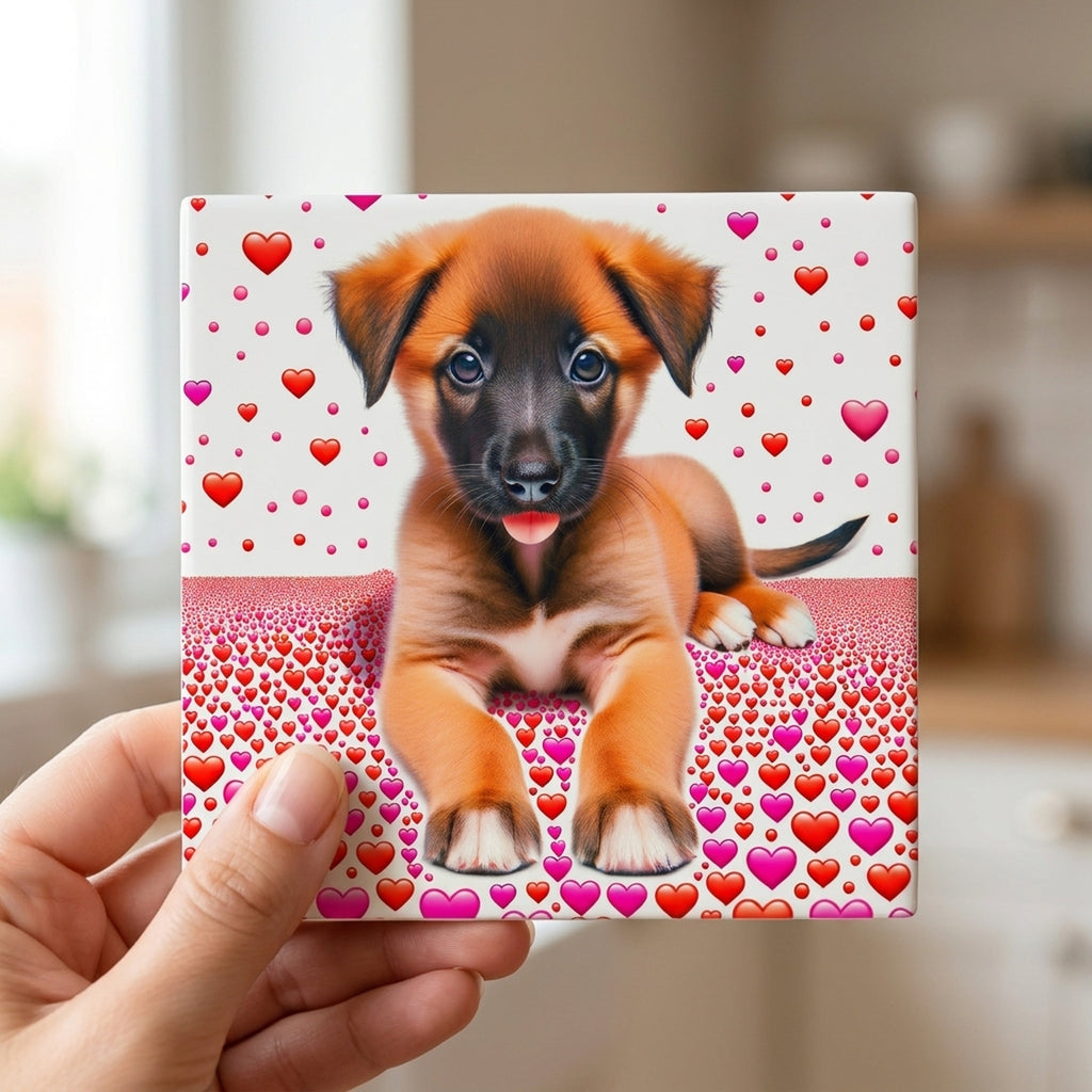 Belgian Malinois ceramic coasters set of 4, in hand