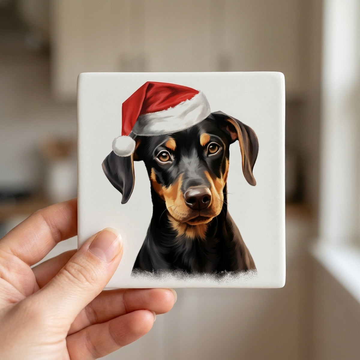 Doberman Pinscher Puppy Drawing ceramic coasters set of 4, in hand