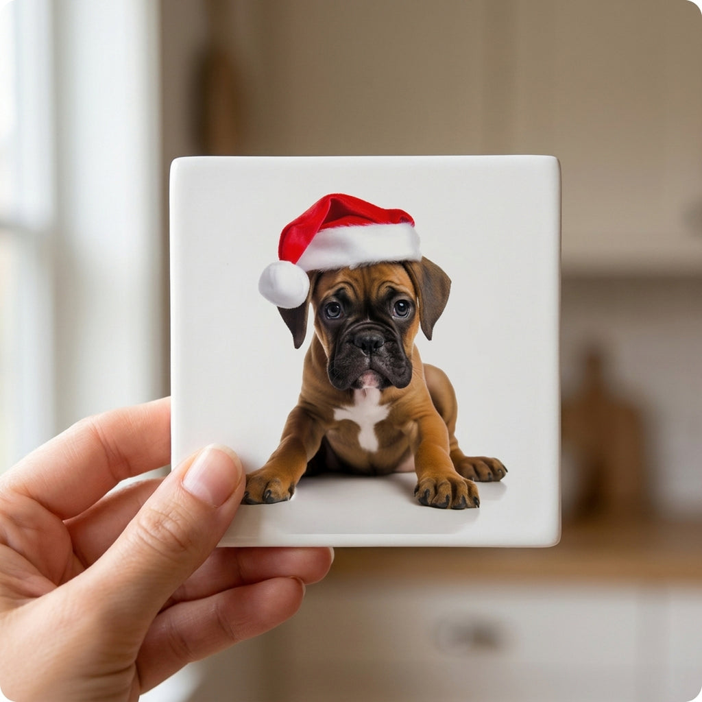 Boxer Puppy ceramic coasters set of 4, in hand