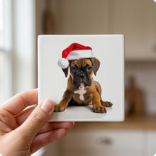 Boxer Puppy ceramic coasters set of 4, in hand