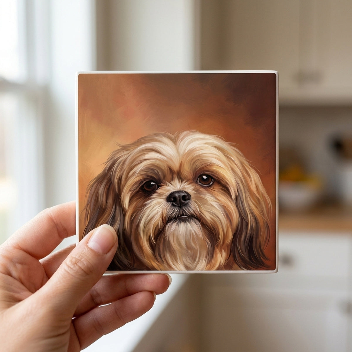 Shih Tzu Portrait ceramic coasters set of 4, in hand