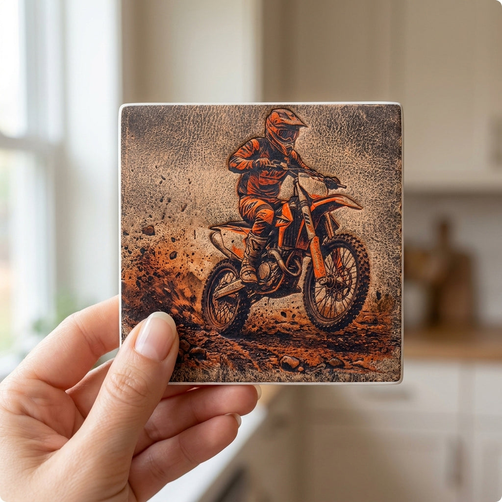 Motocross Dirt Bike ceramic coasters set of 4, in hand