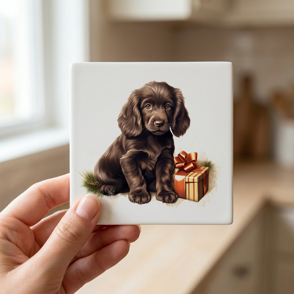 Field Spaniel Puppy Drawing ceramic coasters set of 4, in hand