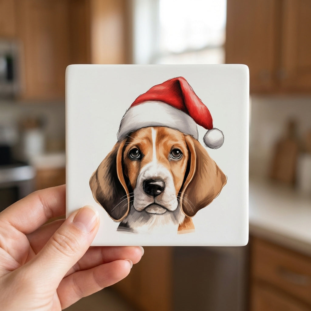 English Foxhound Puppy Drawing ceramic coasters set of 4, in hand