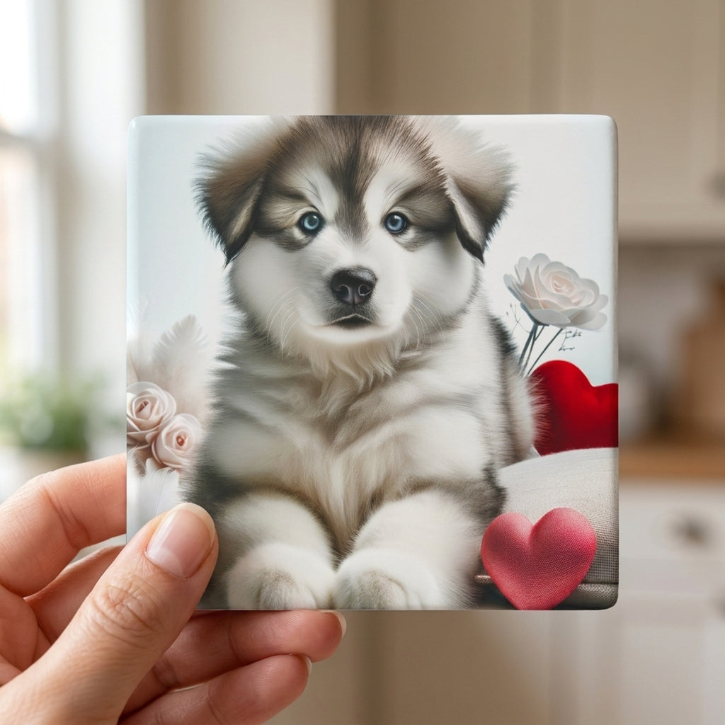 Siberian Husky ceramic coasters set of 4, in hand