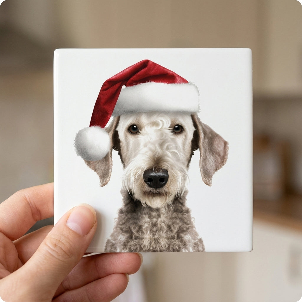 Bedlington Terrier ceramic coasters set of 4, in hand