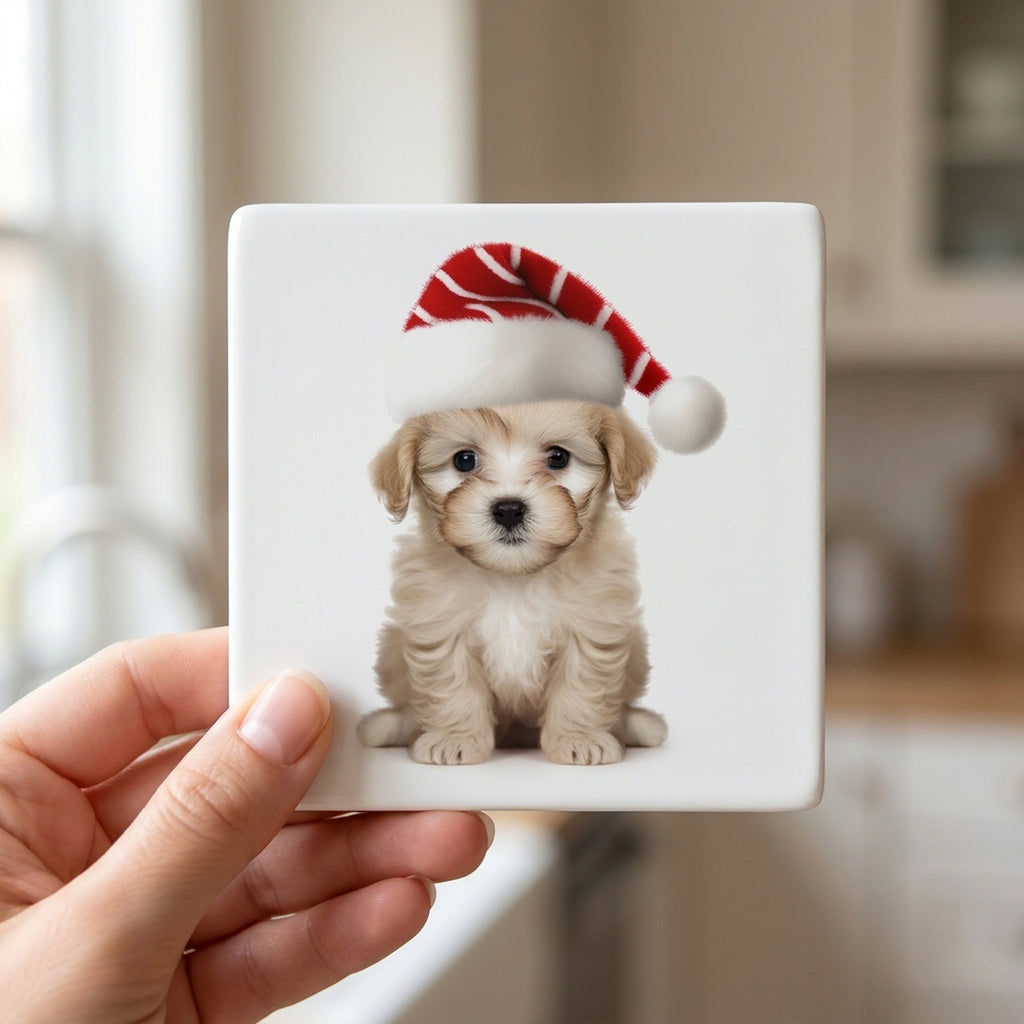 Russian Toy Puppy ceramic coasters set of 4, in hand
