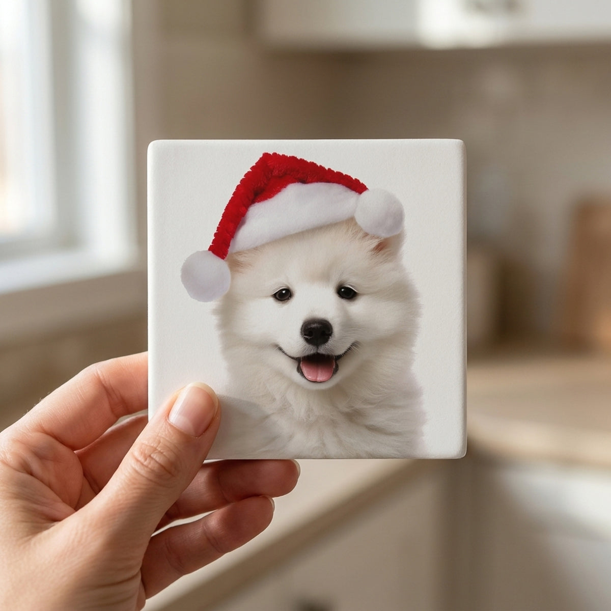 Samoyed Puppy ceramic coasters set of 4, in hand