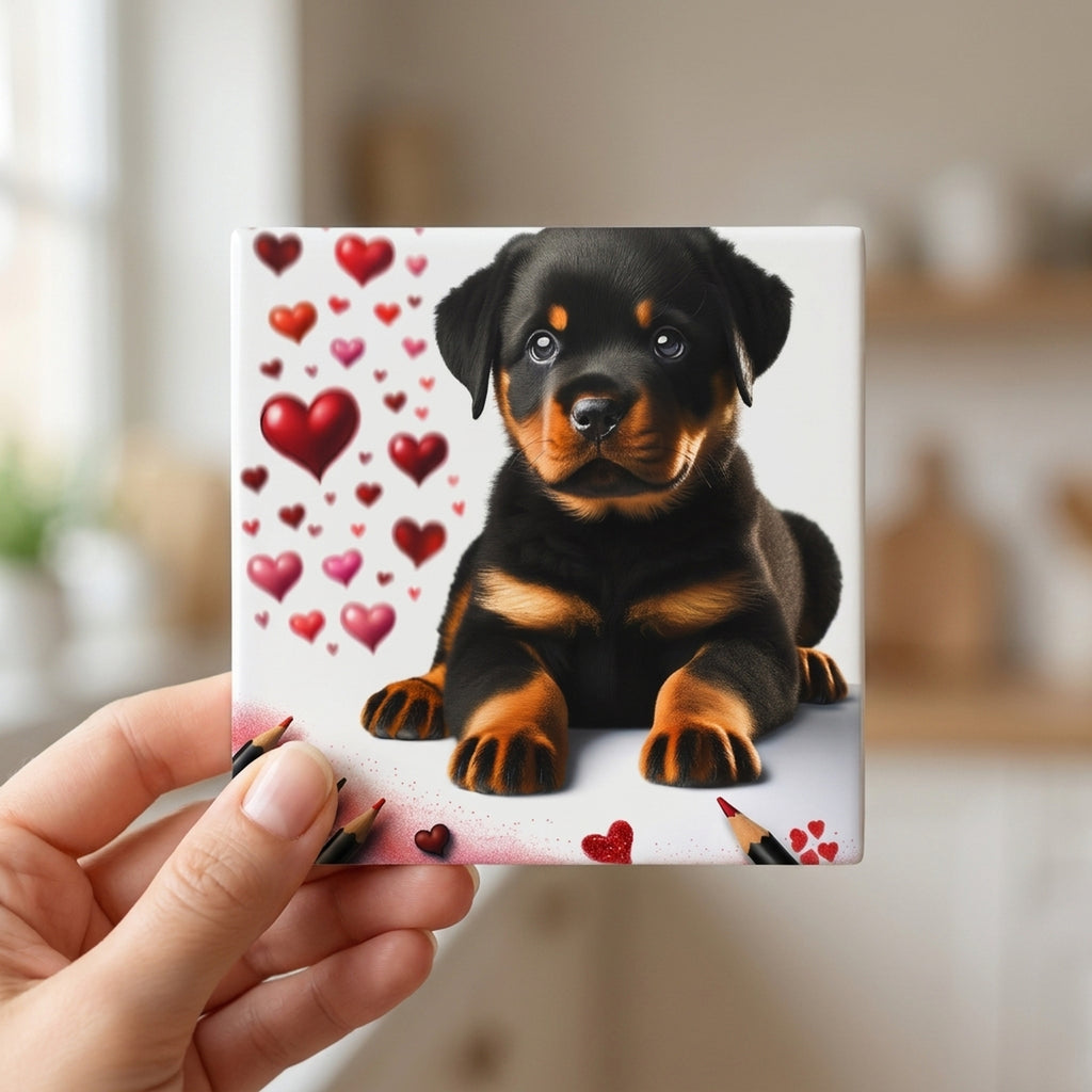Rottweiler ceramic coasters set of 4, in hand