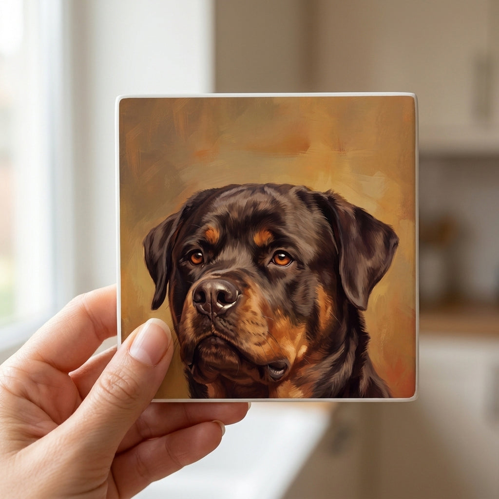 Rottweiler Portrait ceramic coasters set of 4, in hand