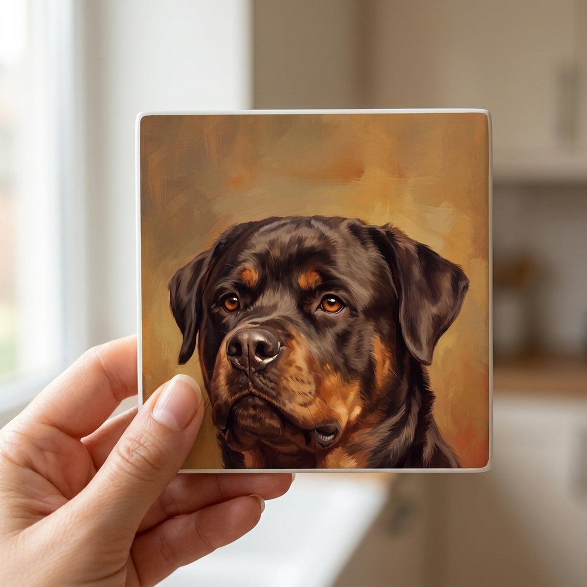 Rottweiler Portrait ceramic coasters set of 4, in hand