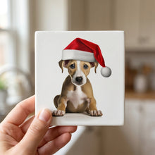 Whippet Puppy ceramic coasters set of 4, in hand
