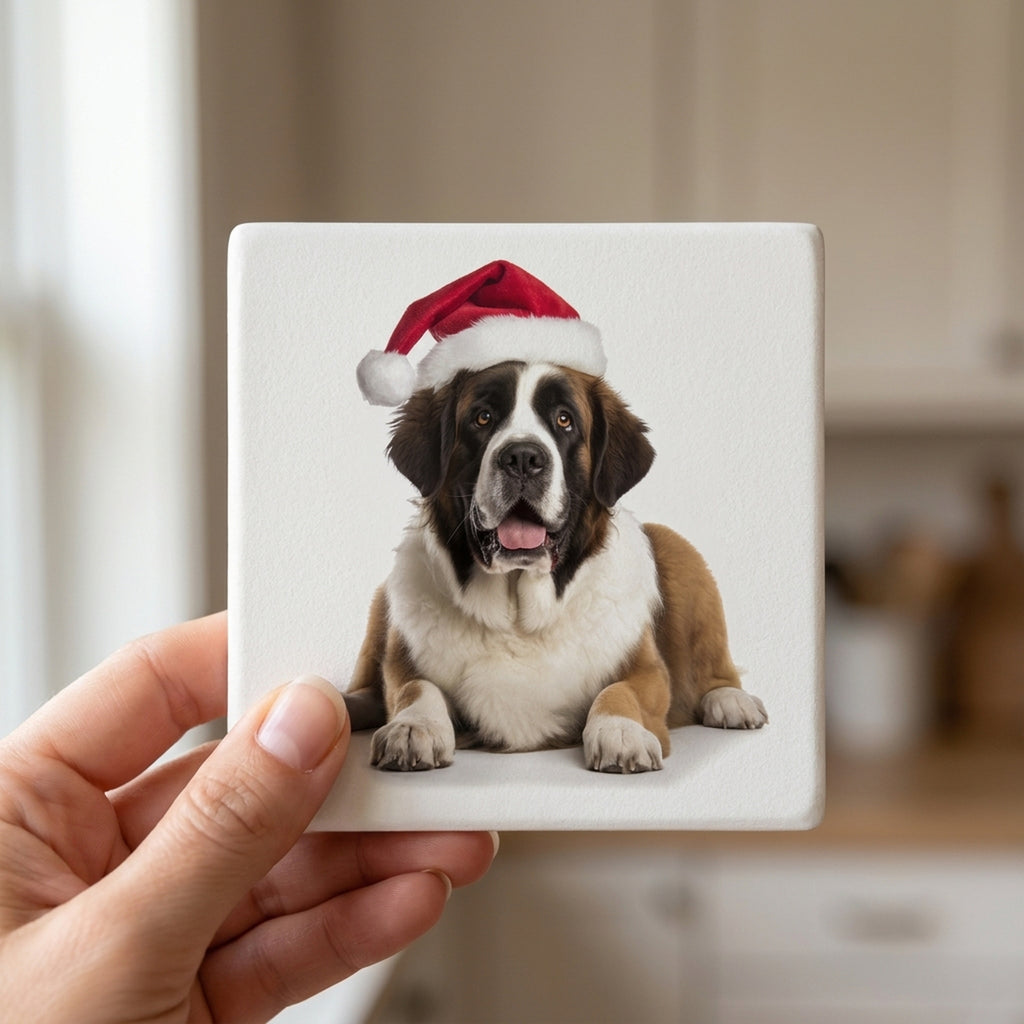 St. Bernard ceramic coasters set of 4, in hand