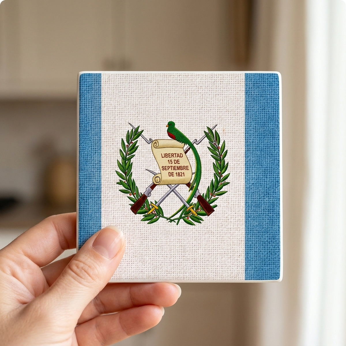 Guatemala Flag Pride ceramic coasters set of 4, in hand