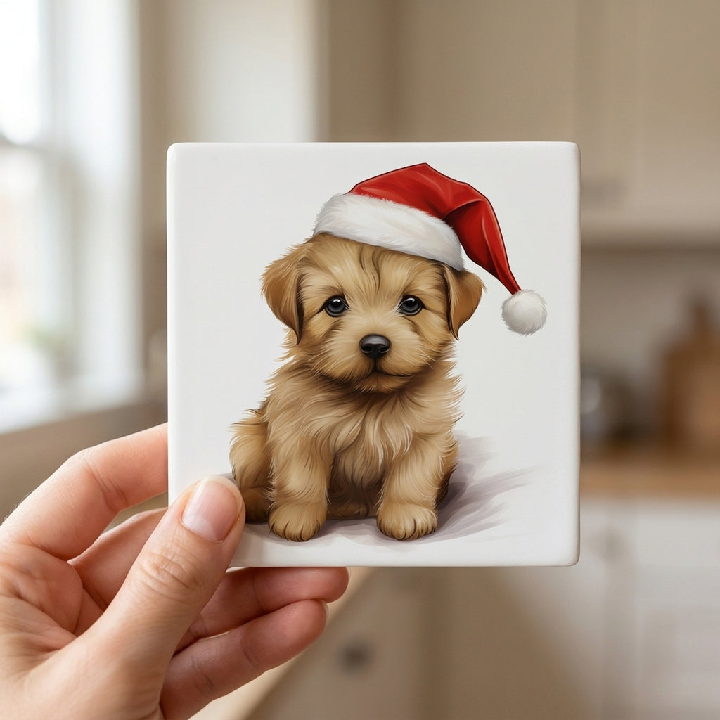 Norfolk Terrier Puppy Drawing ceramic coasters set of 4, in hand