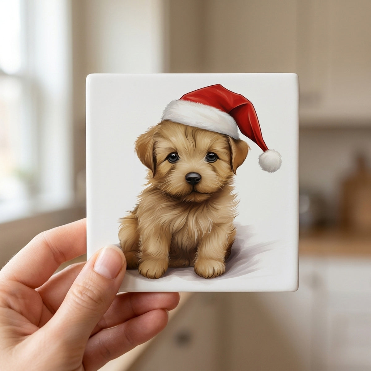 Norfolk Terrier Puppy Drawing ceramic coasters set of 4, in hand