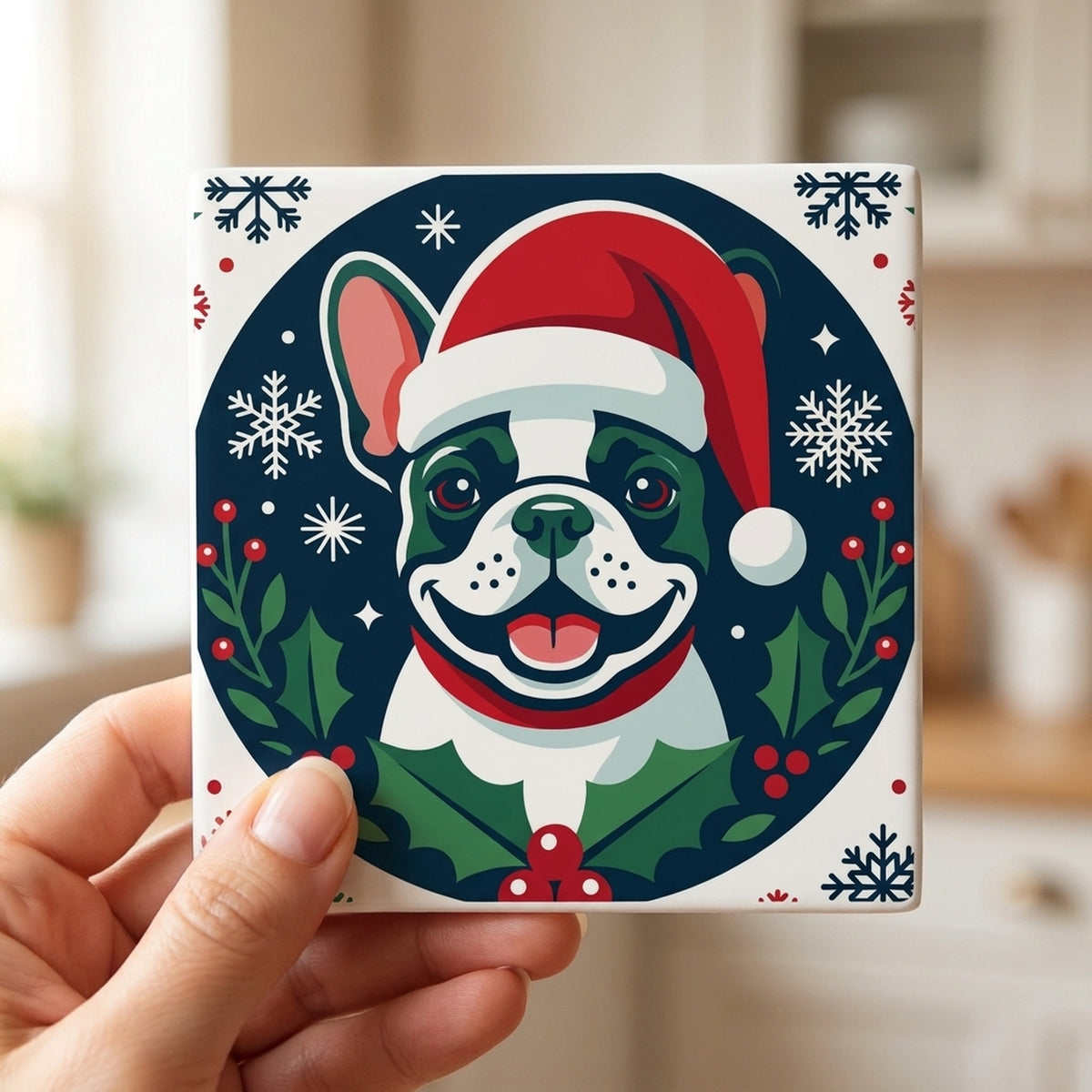 French Bulldog Christmas Ornament Art ceramic coasters set of 4, in hand