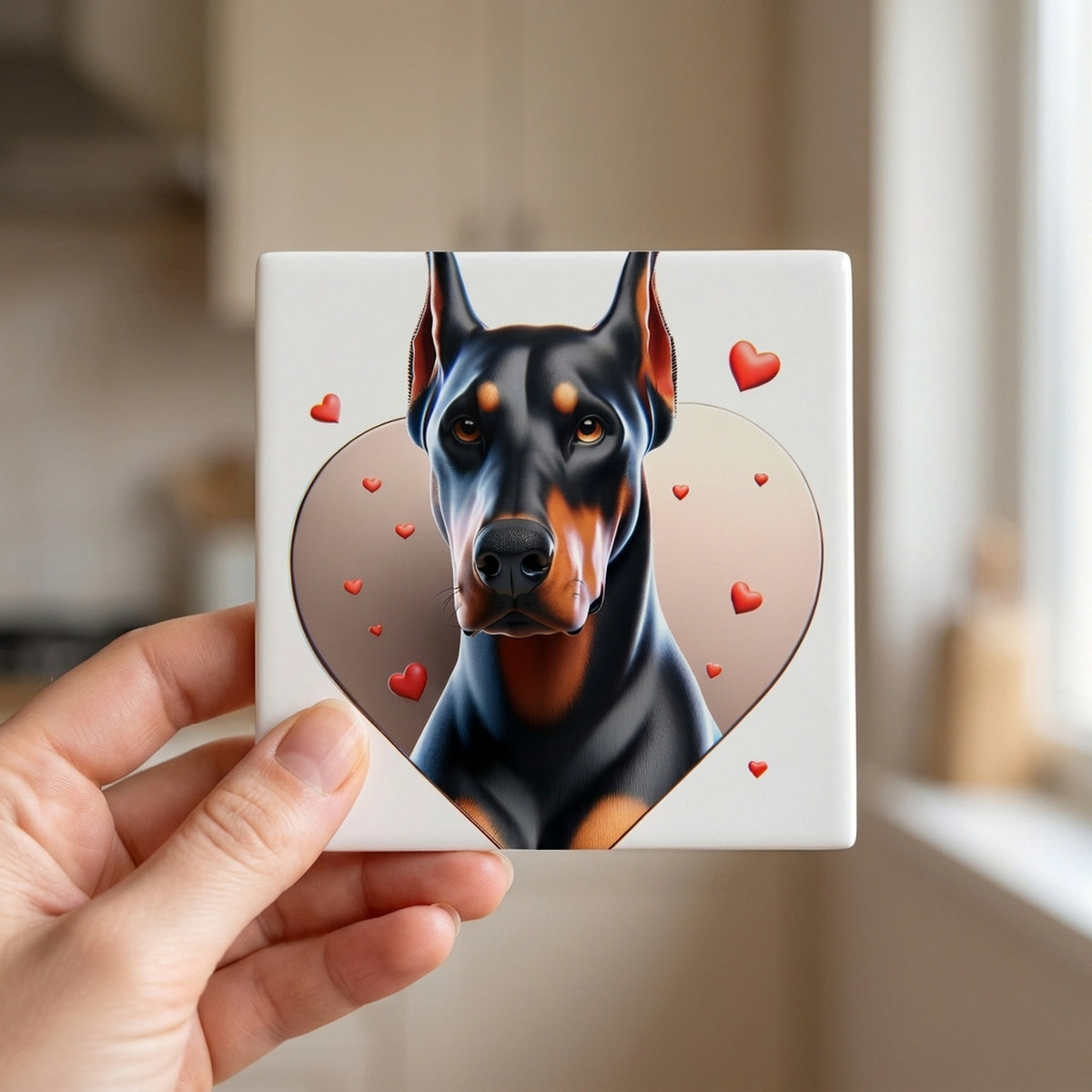 Doberman Pinscher ceramic coasters set of 4, in hand