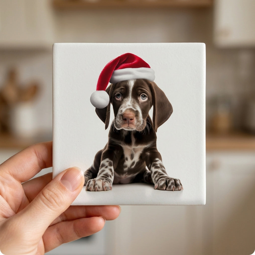 Pointer Puppy ceramic coasters set of 4, in hand