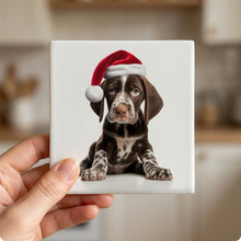 Pointer Puppy ceramic coasters set of 4, in hand