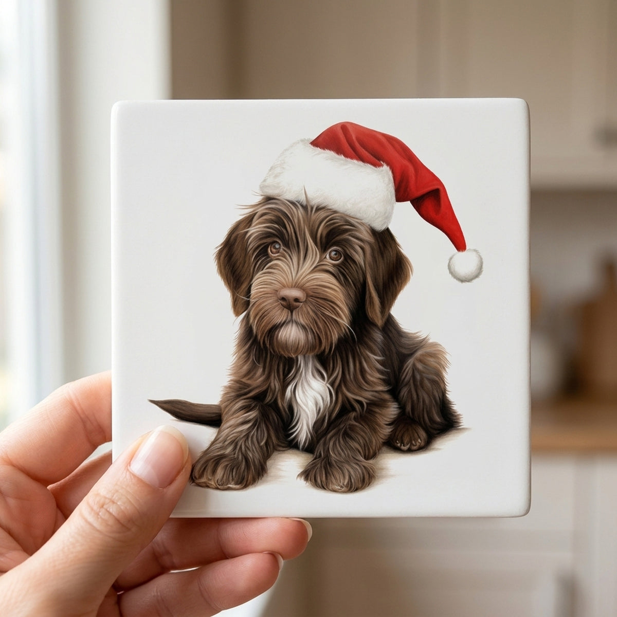 Wirehaired Pointing Griffon Puppy Drawing ceramic coasters set of 4, in hand