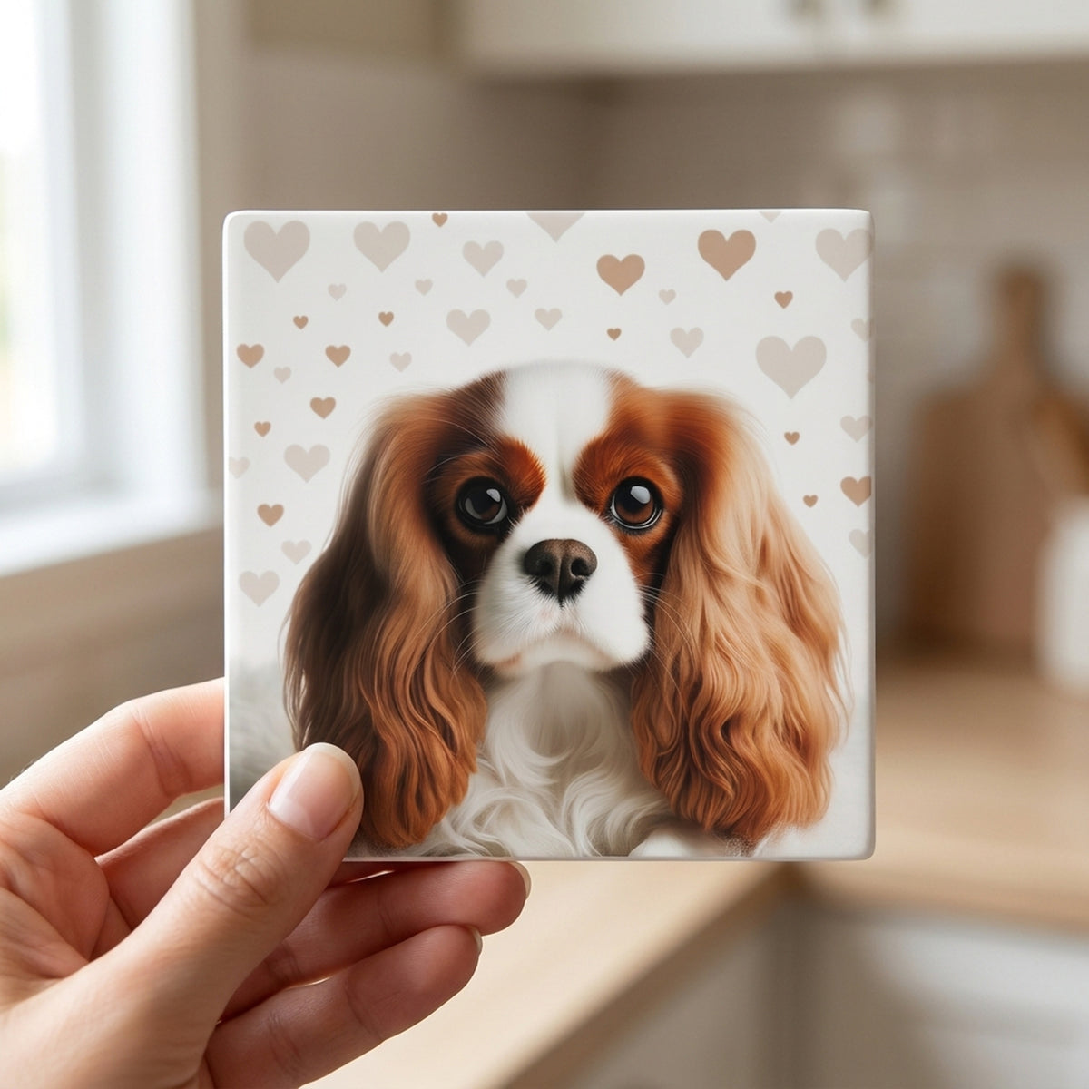 Cavalier King Charles Spaniel ceramic coasters set of 4, in hand