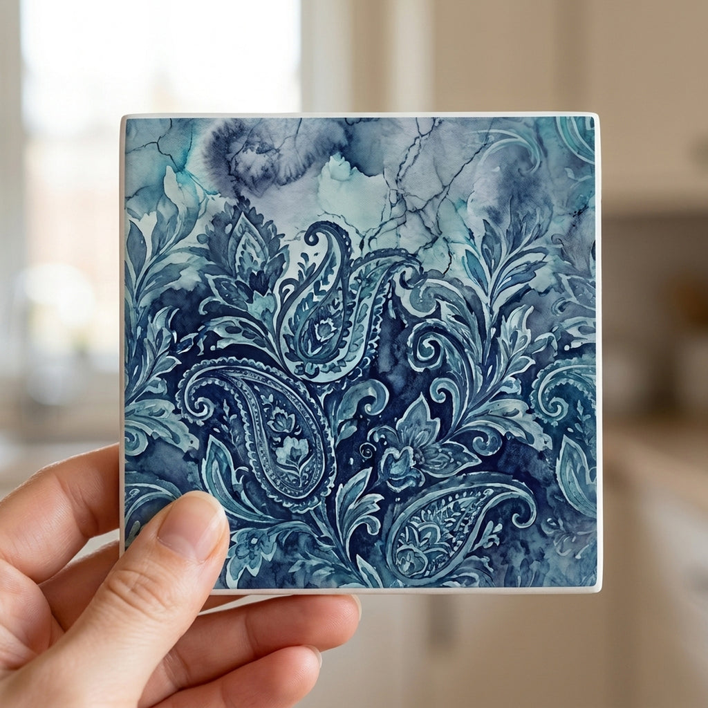 Paisley ceramic coasters set of 4, in hand
