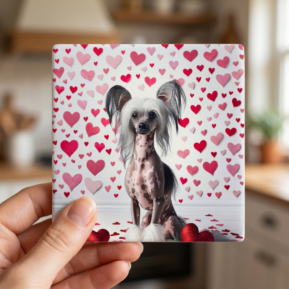 Chinese Crested ceramic coasters set of 4, in hand