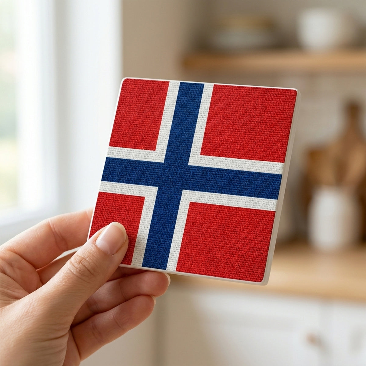 Norway Flag Pride ceramic coasters set of 4, in hand