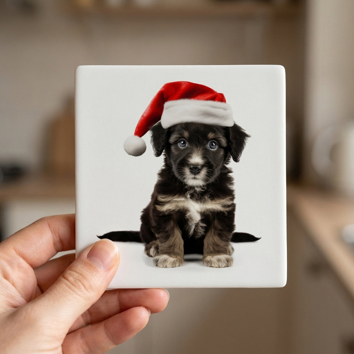 Mudi Puppy ceramic coasters set of 4, in hand