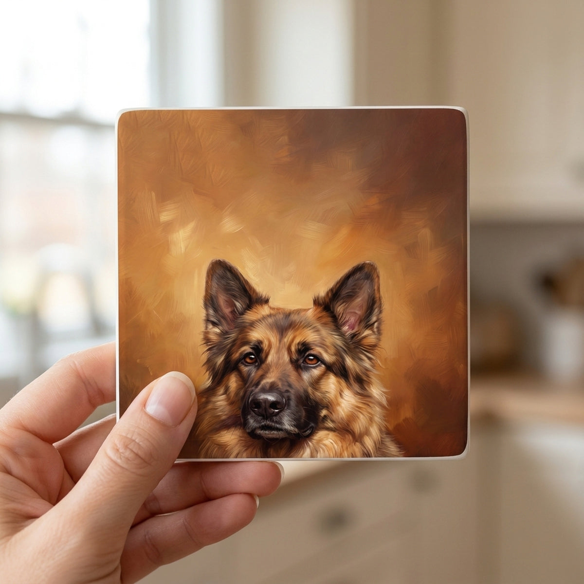German Shepherd Portrait ceramic coasters set of 4, in hand