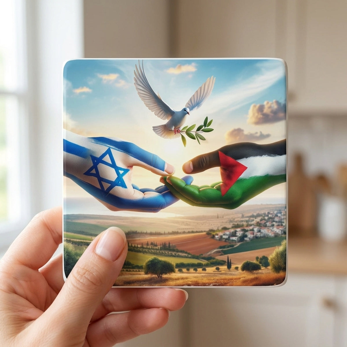 Peace Dove Olive Branch ceramic coasters set of 4, in hand