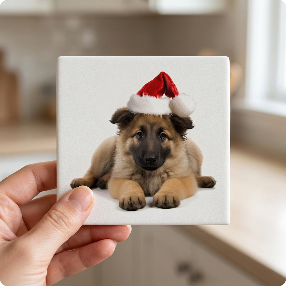 Belgian Tervuren Puppy ceramic coasters set of 4, in hand