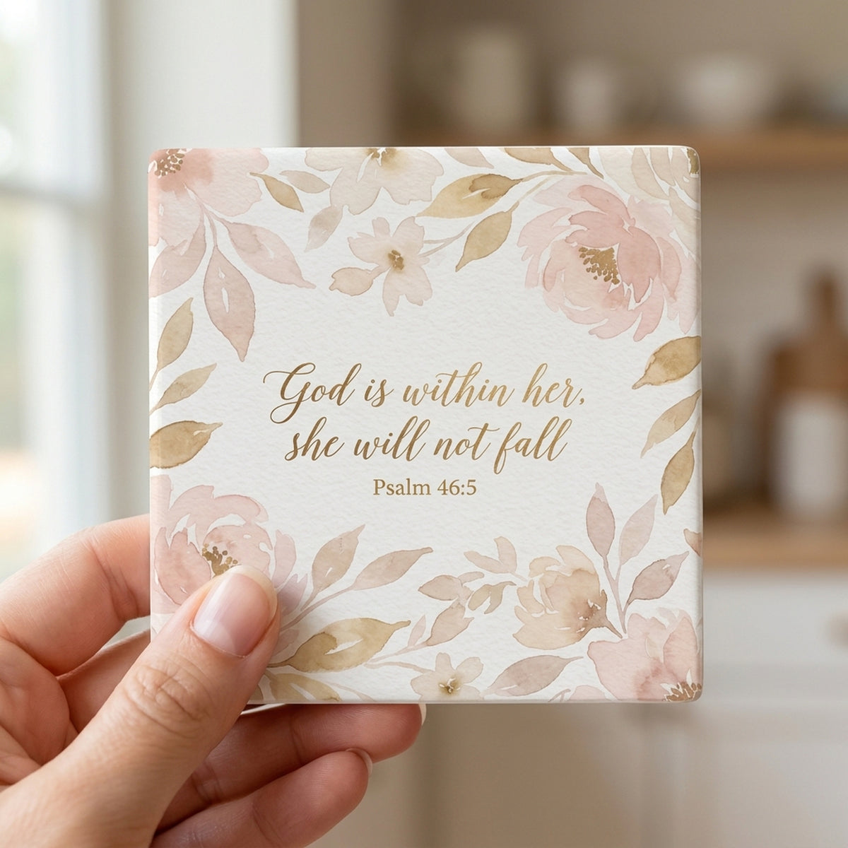 God Is Within Her ceramic coasters set of 4, in hand
