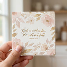 God Is Within Her ceramic coasters set of 4, in hand