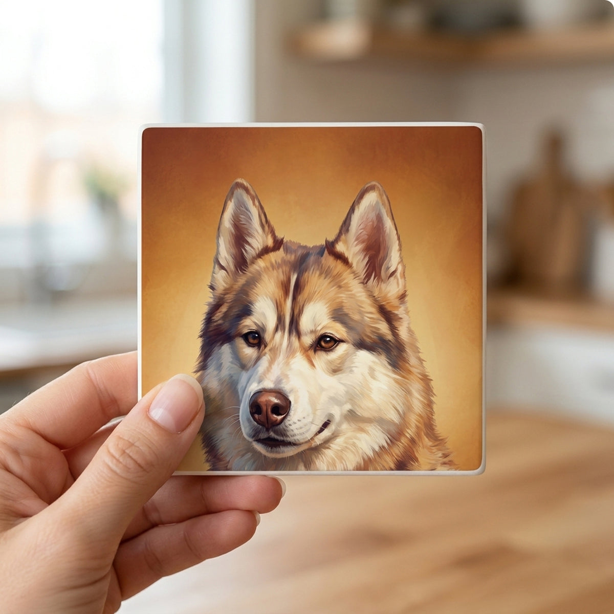 Siberian Husky Portrait ceramic coasters set of 4, in hand