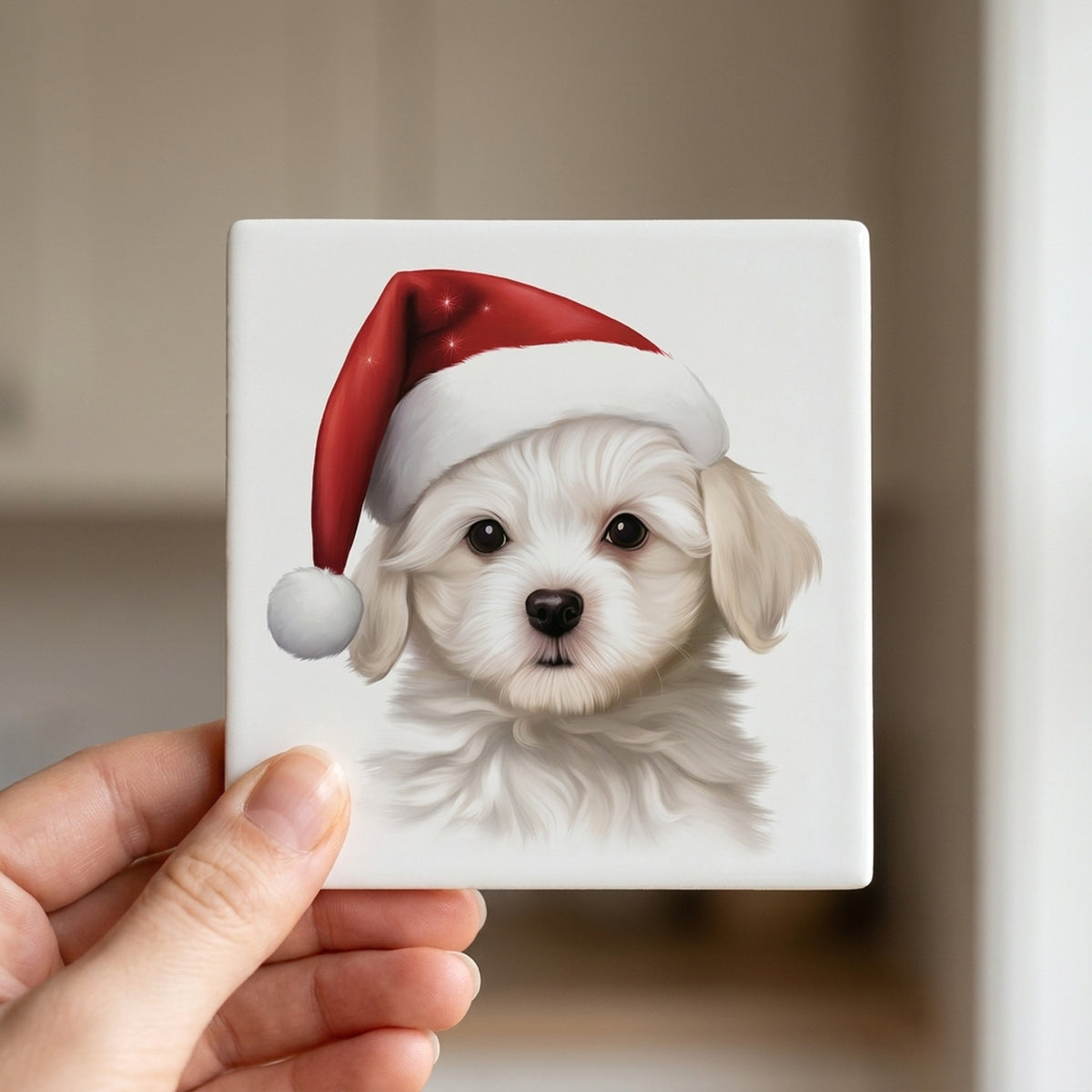 Maltese Puppy Drawing ceramic coasters set of 4, in hand