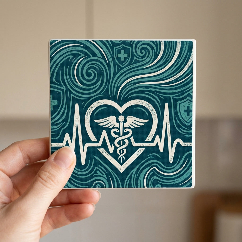 Nurse Heartbeat ceramic coasters set of 4, in hand