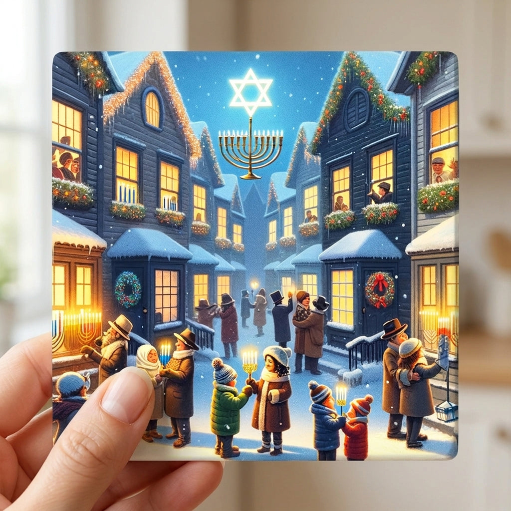 Snowy Hanukkah Village ceramic coasters set of 4, in hand