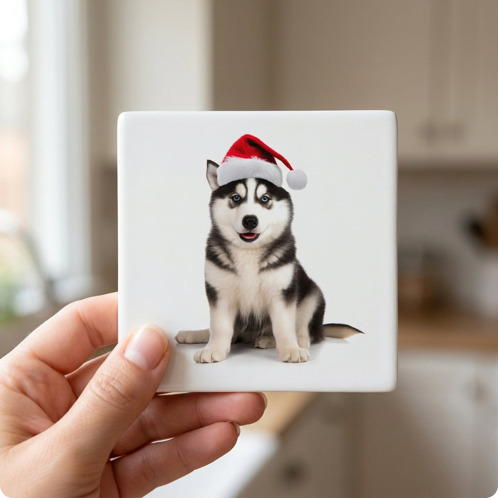 Siberian Husky ceramic coasters set of 4, in hand