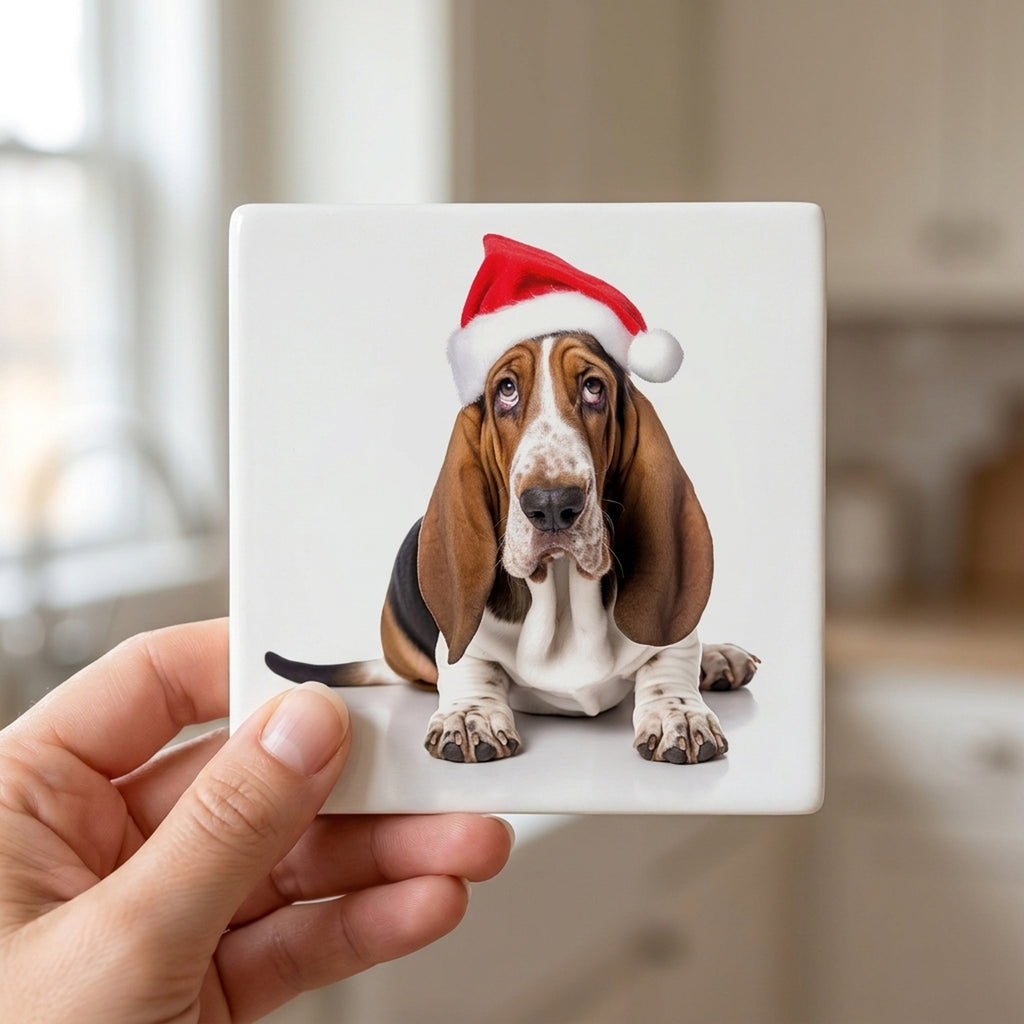 Basset Hound ceramic coasters set of 4, in hand