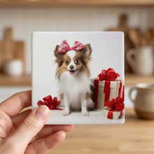 Papillon Puppy ceramic coasters set of 4, in hand