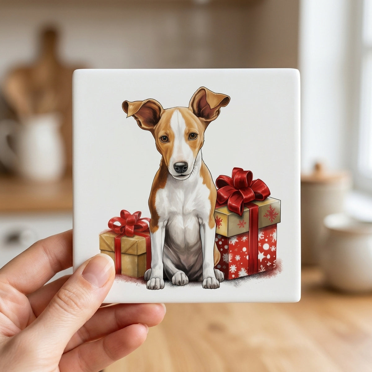 Ibizan Hound Puppy Drawing ceramic coasters set of 4, in hand